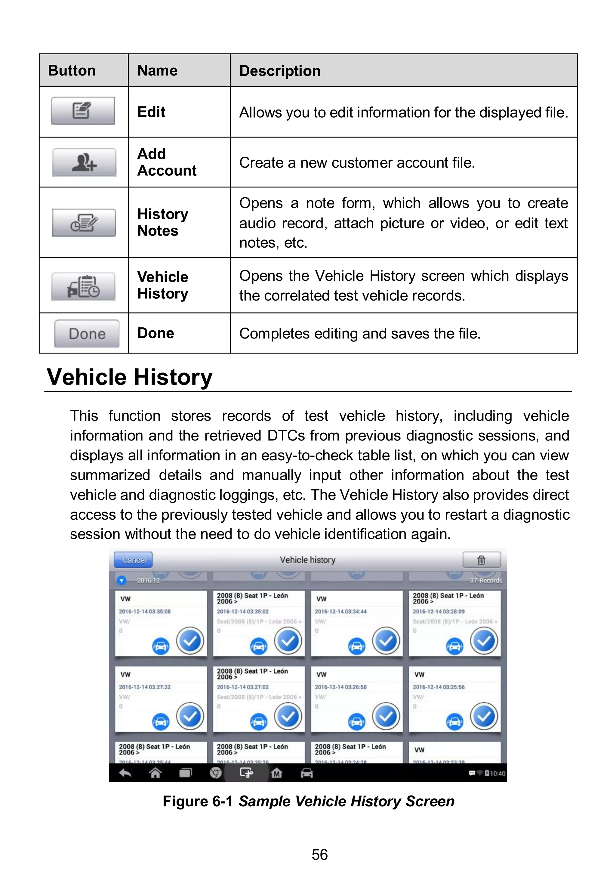 56
Button Name Description
Edit Allows you to edit information for the displayed file.
Add
Account
Create a new customer account file.
History
Notes
Opens a note form, which allows you to create
audio record, attach picture or video, or edit text
notes, etc.
Vehicle
History
Opens the Vehicle History screen which displays
the correlated test vehicle records.
Done Completes editing and saves the file.
Vehicle History
This function stores records of test vehicle history, including vehicle
information and the retrieved DTCs from previous diagnostic sessions, and
displays all information in an easy-to-check table list, on which you can view
summarized details and manually input other information about the test
vehicle and diagnostic loggings, etc. The Vehicle History also provides direct
access to the previously tested vehicle and allows you to restart a diagnostic
session without the need to do vehicle identification again.
Figure 6-1 Sample Vehicle History Screen
 