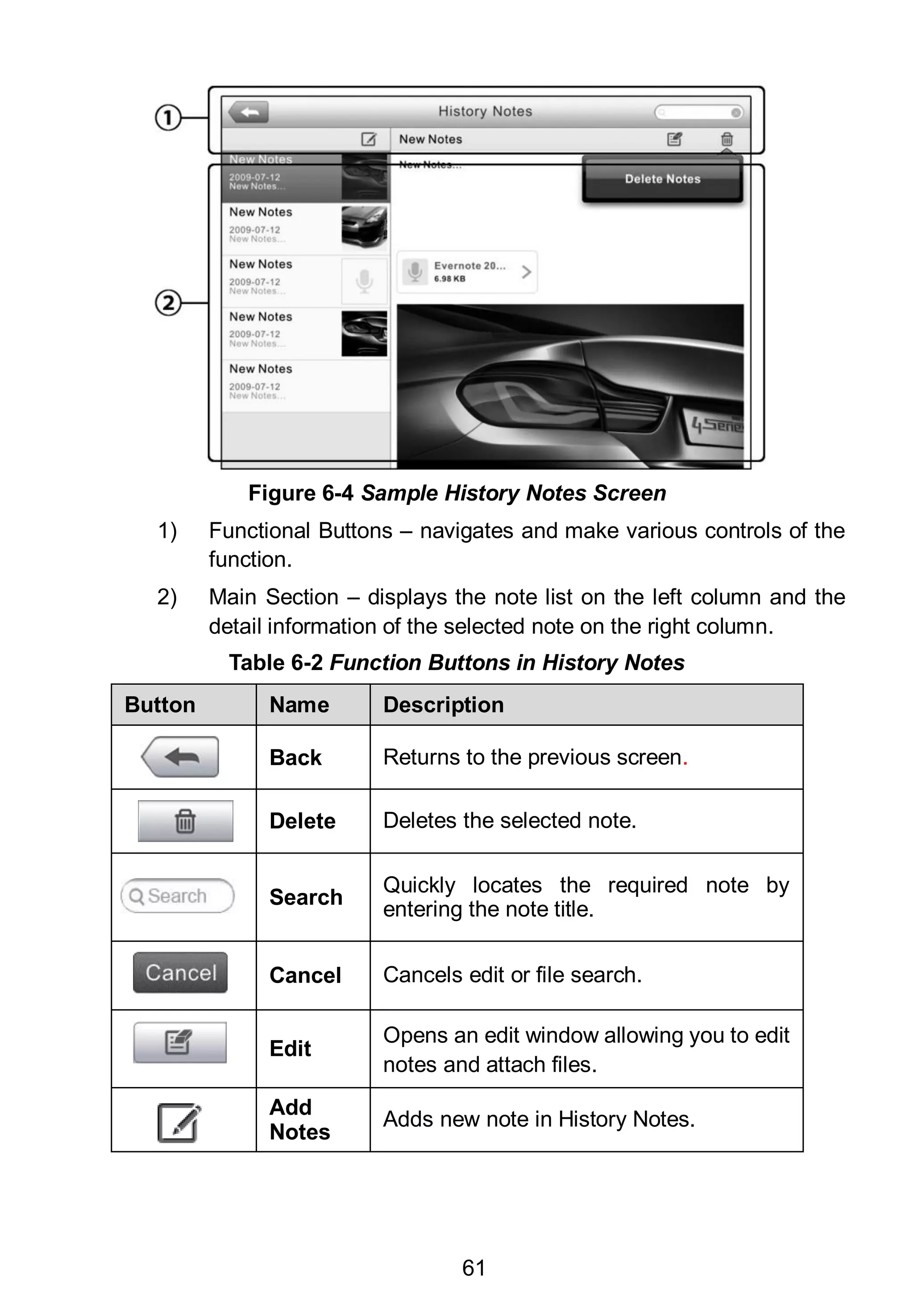 61
1) Functional Buttons – navigates and make various controls of the
function.
2) Main Section – displays the note list on the left column and the
detail information of the selected note on the right column.
Table 6-2 Function Buttons in History Notes
Button Name Description
Back Returns to the previous screen.
Delete Deletes the selected note.
Search
Quickly locates the required note by
entering the note title.
Cancel Cancels edit or file search.
Edit
Opens an edit window allowing you to edit
notes and attach files.
Add
Notes
Adds new note in History Notes.
Figure 6-4 Sample History Notes Screen
 