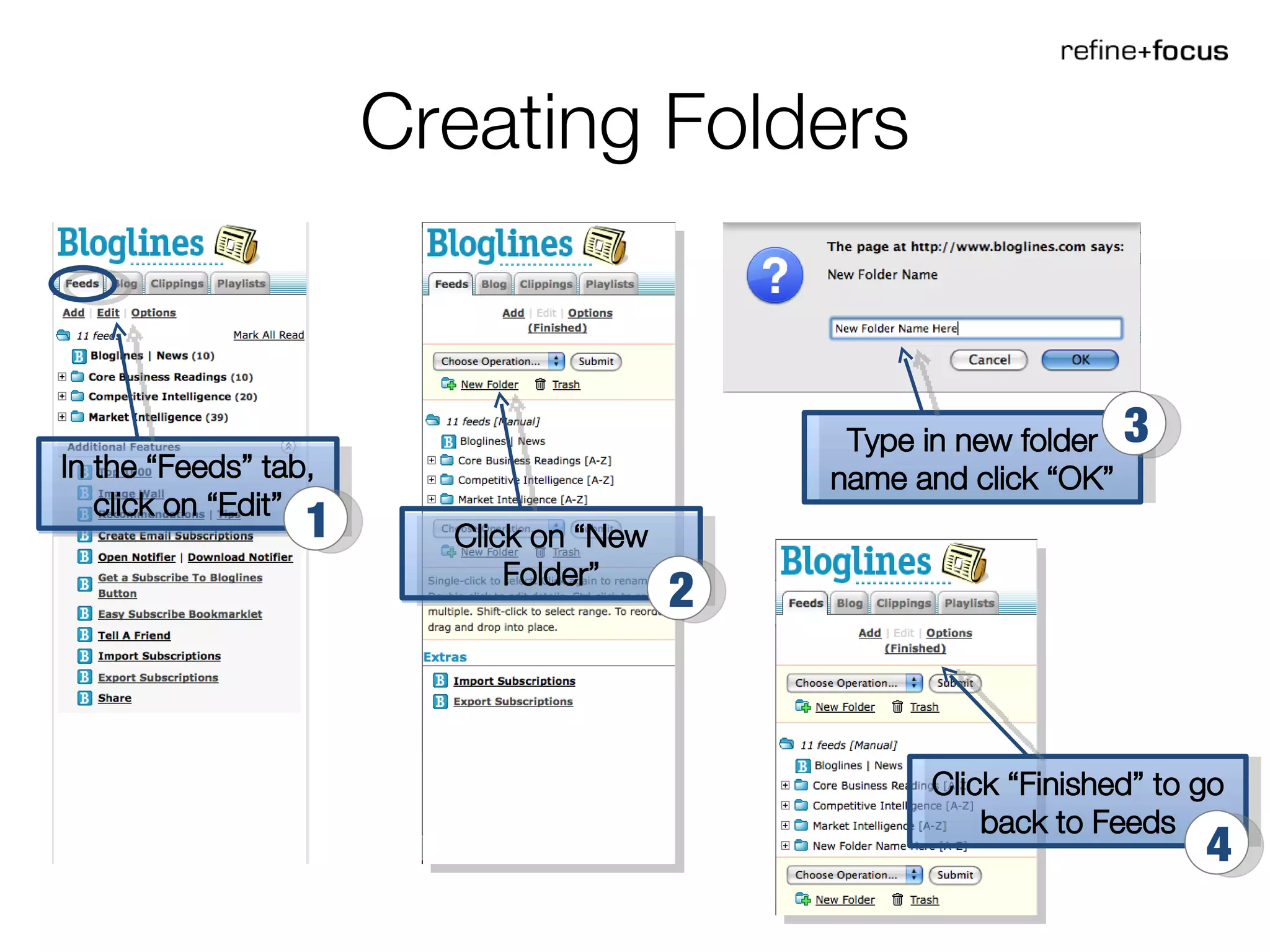 Creating Folders In the “Feeds” tab, click on “Edit” 1 Click on “New Folder” 2 Type in new folder name and click “OK” 3 Click “Finished” to go back to Feeds 4 