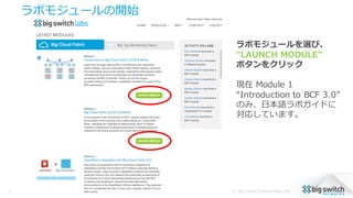 ラボモジュールの開始
© 2015, BIG SWITCH NETWORKS, INC.6
ラボモジュールを選び、
“LAUNCH  MODULE”
ボタンをクリック
現在 Module  1
“Introduction  to  BCF  3.0”
のみ、⽇日本語ラボガイドに
対応しています。
 