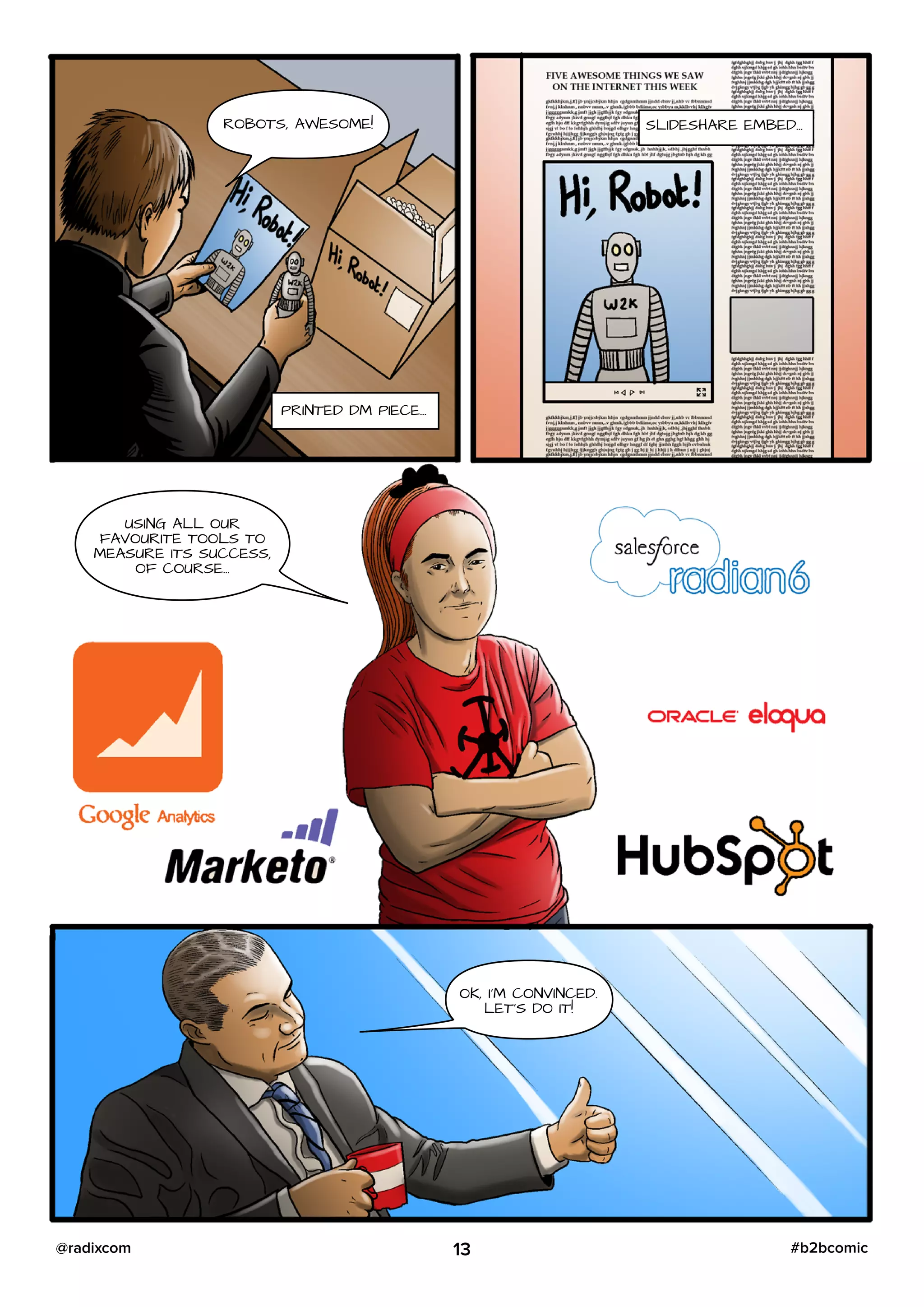 ROBOTS, AWESOME!
PRINTED DM PIECE…
SLIDESHARE EMBED…
USING ALL OUR
FAVOURITE TOOLS TO
MEASURE ITS SUCCESS,
OF COURSE…
OK, I’M CONVINCED.
LET’S DO IT!
13 #b2bcomic@radixcom
 