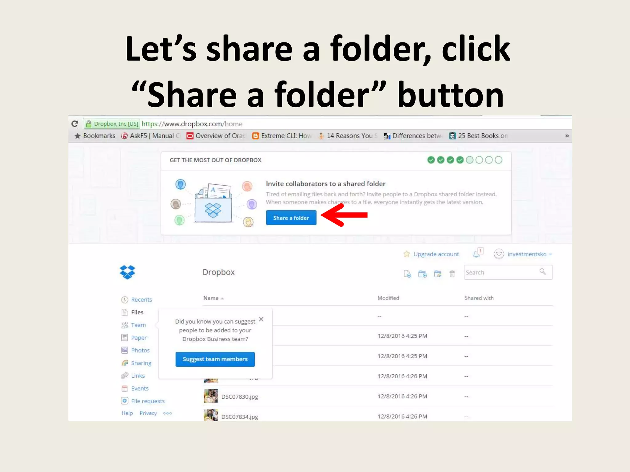 Let’s share a folder, click
“Share a folder” button
 