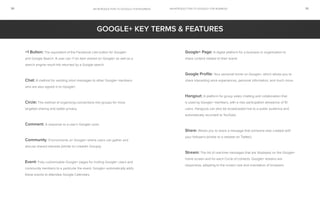 an introduction to google+ for businessan introduction to google+ for business30 31
+1 Button: The equivalent of the Facebook Like button for Google+
and Google Search. A user can +1 an item shared on Google+ as well as a
search engine result link returned by a Google search.
Chat: A method for sending short messages to other Google+ members
who are also signed in to Google+.
Circle: The method of organizing connections into groups for more
targeted sharing and better privacy.
Comment: A response to a user’s Google+ post.
Community: Environments on Google+ where users can gather and
discuss shared interests (similar to LinkedIn Groups).
Event: Fully customizable Google+ pages for inviting Google+ users and
community members to a particular the event. Google+ automatically adds
these events to attendee Google Calendars.
Google+ Page: A digital platform for a business or organization to
share content related to their brand.
Google Profile: Your personal home on Google+, which allows you to
share interesting work experiences, personal information, and much more.
Hangout: A platform for group video chatting and collaboration that
is used by Google+ members, with a max participation allowance of 10
users. Hangouts can also be broadcasted live to a public audience and
automatically recorded to YouTube.
Share: Allows you to share a message that someone else created with
your followers (similar to a retweet on Twitter).
Stream: The list of real-time messages that are displayed on the Google+
home screen and for each Circle of contacts. Google+ streams are
responsive, adapting to the screen size and orientation of browsers.
Google+ Key Terms & Features
 