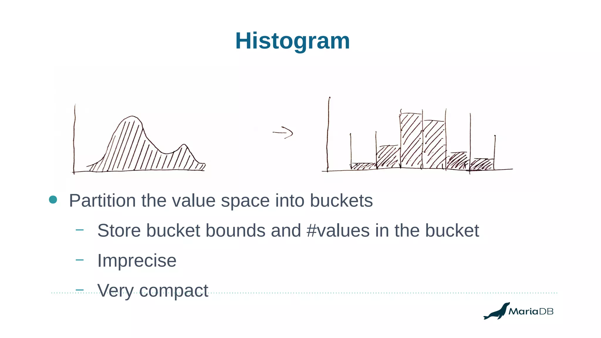 Histogram
● Partition the value space into buckets
– Store bucket bounds and #values in the bucket
– Imprecise
– Very compact
 