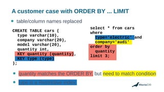 A customer case with ORDER BY ... LIMIT
● table/column names replaced
CREATE TABLE cars (
type varchar(10),
company varchar(20),
model varchar(20),
quantity int,
KEY quantity (quantity),
KEY type (type)
);
select * from cars
where
type='electric' and
company='audi'
order by
quantity
limit 3;
● table/column names replaced
● quantity matches the ORDER BY, but need to match condition
● type is a Restrictive index
 