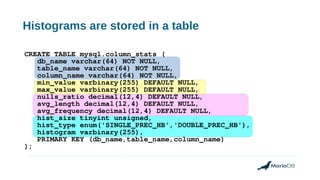 Histograms are stored in a table
CREATE TABLE mysql.column_stats (
db_name varchar(64) NOT NULL,
table_name varchar(64) NOT NULL,
column_name varchar(64) NOT NULL,
min_value varbinary(255) DEFAULT NULL,
max_value varbinary(255) DEFAULT NULL,
nulls_ratio decimal(12,4) DEFAULT NULL,
avg_length decimal(12,4) DEFAULT NULL,
avg_frequency decimal(12,4) DEFAULT NULL,
hist_size tinyint unsigned,
hist_type enum('SINGLE_PREC_HB','DOUBLE_PREC_HB'),
histogram varbinary(255),
PRIMARY KEY (db_name,table_name,column_name)
);
 