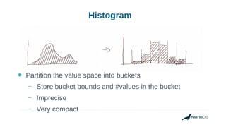 Histogram
● Partition the value space into buckets
– Store bucket bounds and #values in the bucket
– Imprecise
– Very compact
 
