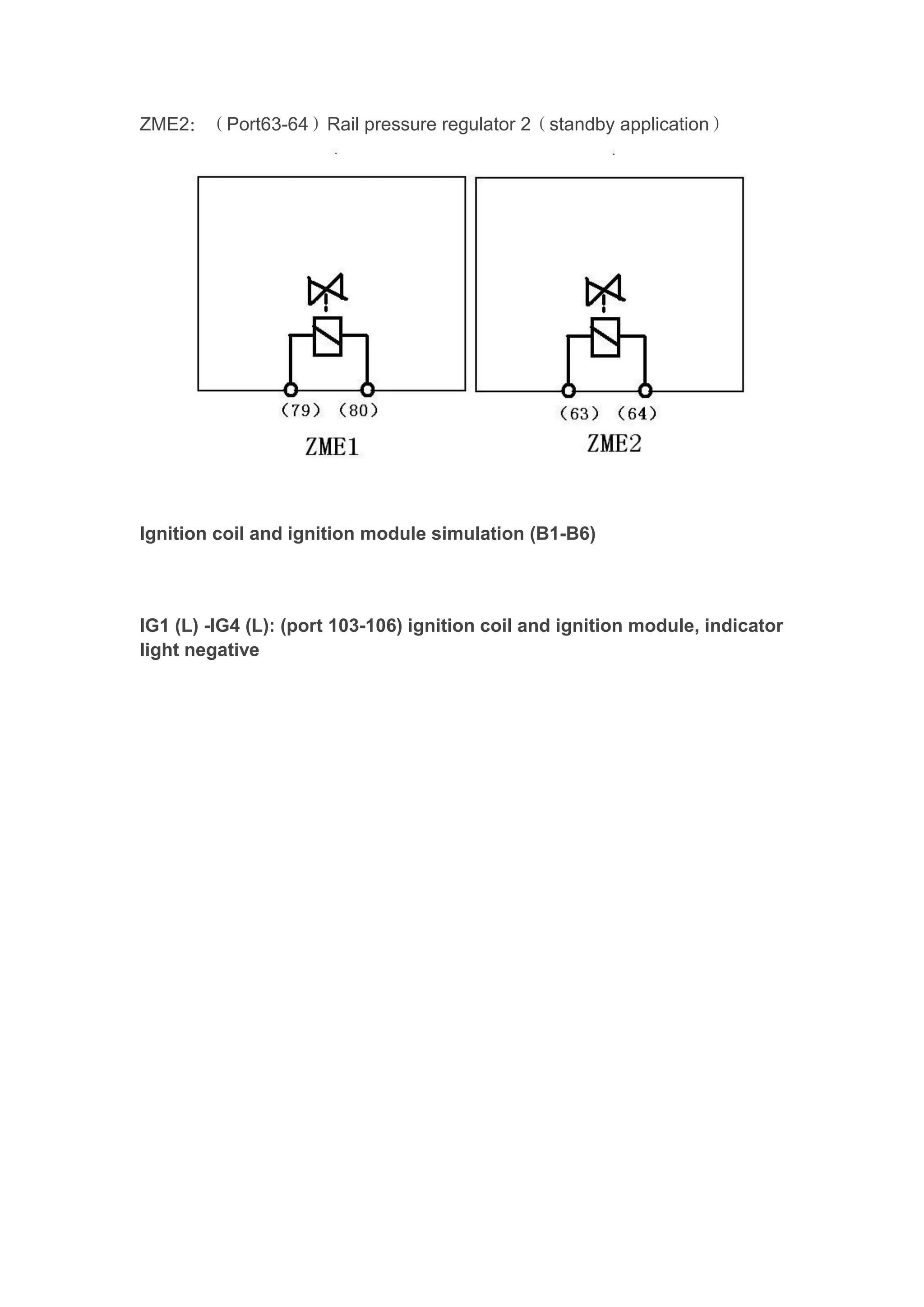 ZME2：（Port63-64）Rail pressure regulator 2（standby application）
Ignition coil and ignition module simulation (B1-B6)
IG1 (L) -IG4 (L): (port 103-106) ignition coil and ignition module, indicator
light negative
 