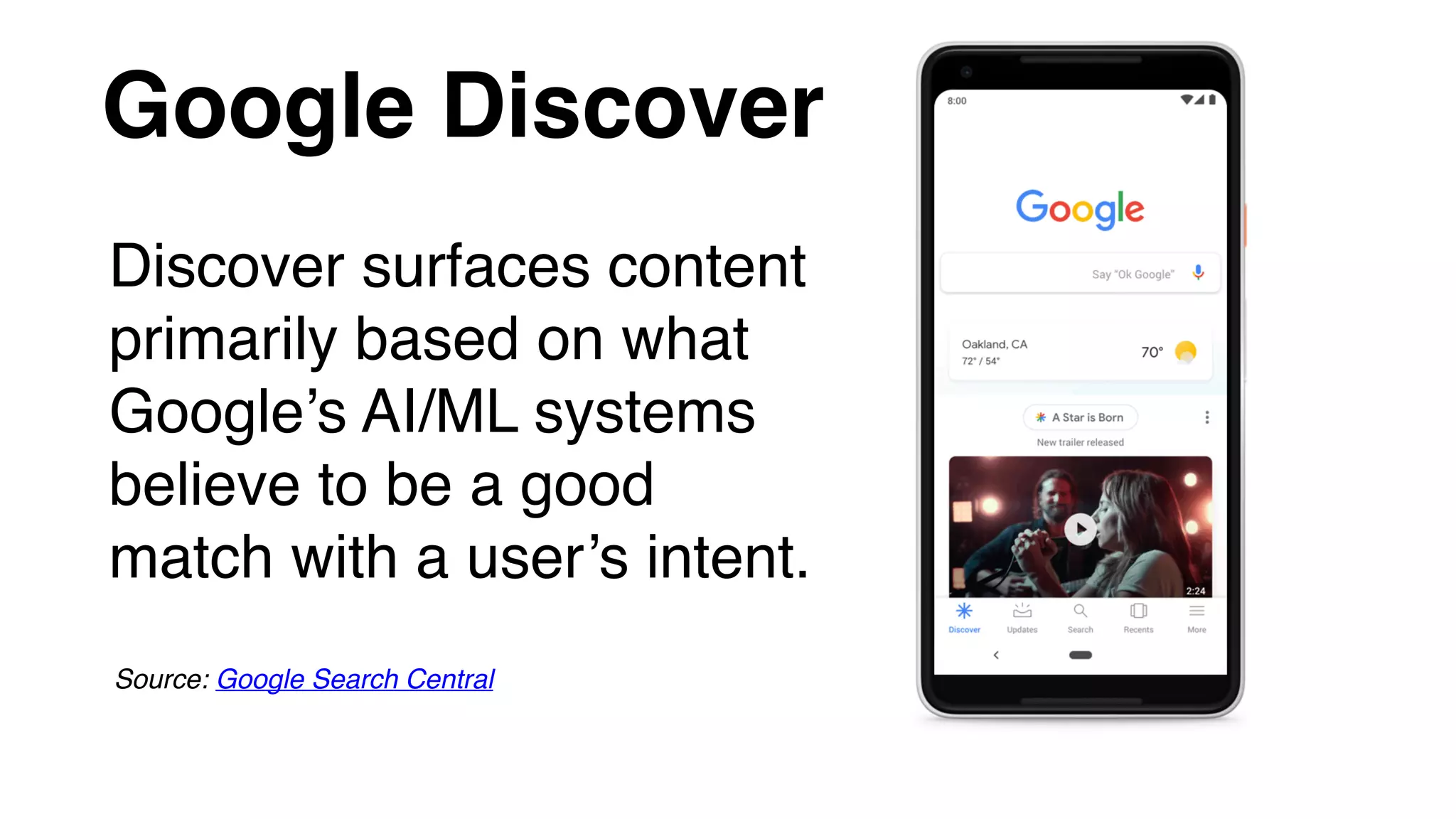Google Discover
Discover surfaces content
primarily based on what
Google’s AI/ML systems
believe to be a good
match with a user’s intent.
Source: Google Search Central
 
