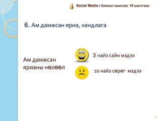 14
Social Media-г бизнест ашиглах 10 шалтгаан
6. Ам дамжсан яриа, хандлага
3 найз сайн мэдээ
Ам дамжсан
ярианы нөлөөл
10 найз сөрөг мэдээ
 