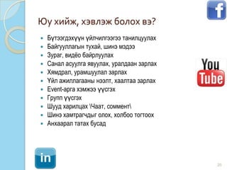Юу хийж, хэвлэж болох вэ?
 Бүтээгдэхүүн үйлчилгээгээ танилцуулах
 Байгууллагын тухай, шинэ мэдээ
 Зураг, видѐо байрлуулах
 Санал асуулга явуулах, уралдаан зарлах
 Хямдрал, урамшуулал зарлах
 Үйл ажиллагааны нээлт, хаалтаа зарлах
 Еvent-арга хэмжээ үүсгэх
 Групп үүсгэх
 Шууд харилцах Чаат, соммент
 Шинэ хамтрагчдыг олох, холбоо тогтоох
 Анхаарал татах бусад
20
 