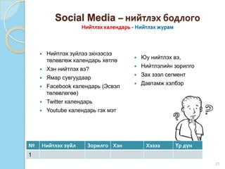 Social Media – нийтлэх бодлого
Нийтлэх календарь - Нийтлэх журам
 Нийтлэх зүйлээ эхнээсээ
төлөвлөж календарь хөтлө
 Хэн нийтлэх вэ?
 Ямар сувгуудаар
 Facebook календарь (Эсвэл
төлөвлөгөө)
 Twitter календарь
 Youtube календарь гэх мэт
 Юу нийтлэх вэ,
 Нийтлэлийн зорилго
 Зах зээл сегмент
 Давтамж хэлбэр
21
№ Нийтлэх зүйл Зорилго Хэн Хэзээ Үр дүн
1
 