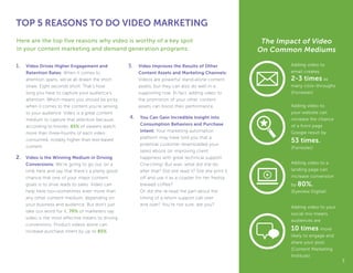 Here are the top five reasons why video is worthy of a key spot
in your content marketing and demand generation programs:
...