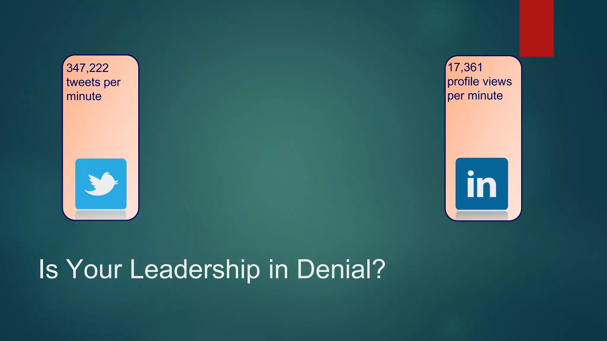 Is Your Leadership in Denial?
17,361
profile views
per minute
347,222
tweets per
minute
 