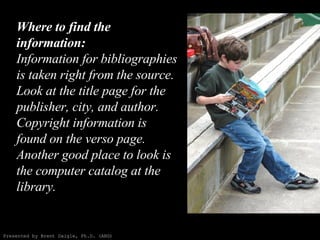 Where to find the information: Information for bibliographies is taken right from the source. Look at the title page for t...