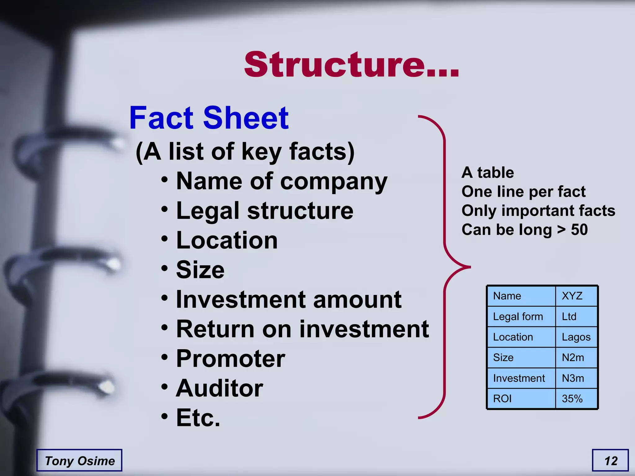 Structure… Fact Sheet  (A list of key facts) Name of company Legal structure Location Size Investment amount Return on investment Promoter Auditor Etc. A table One line per fact Only important facts Can be long > 50 35% ROI N3m Investment N2m Size Lagos Location Ltd Legal form XYZ Name 