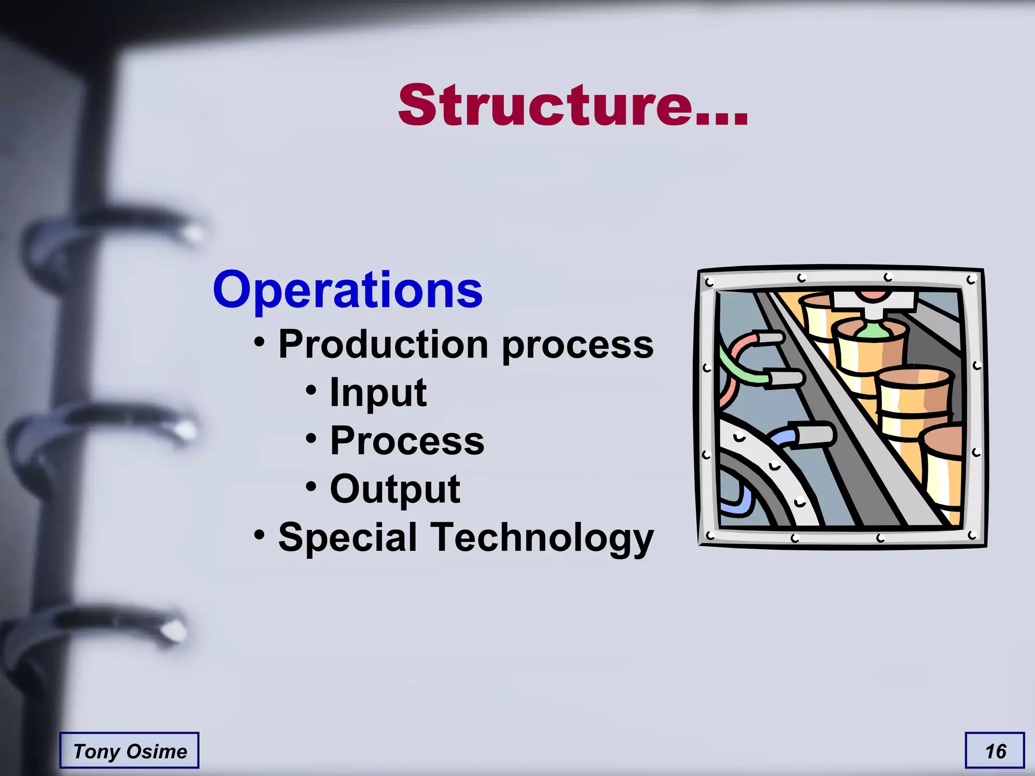 Structure… Operations Production process Input Process Output Special Technology 