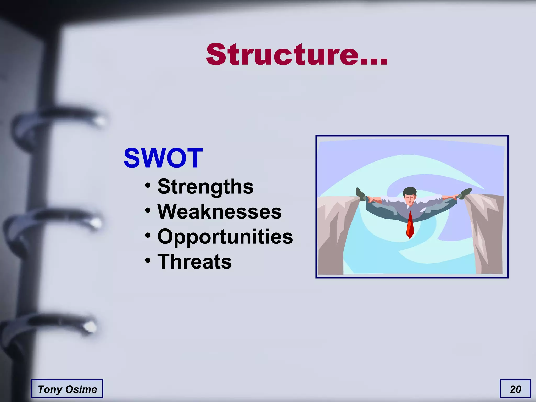 Structure… SWOT Strengths Weaknesses Opportunities Threats 