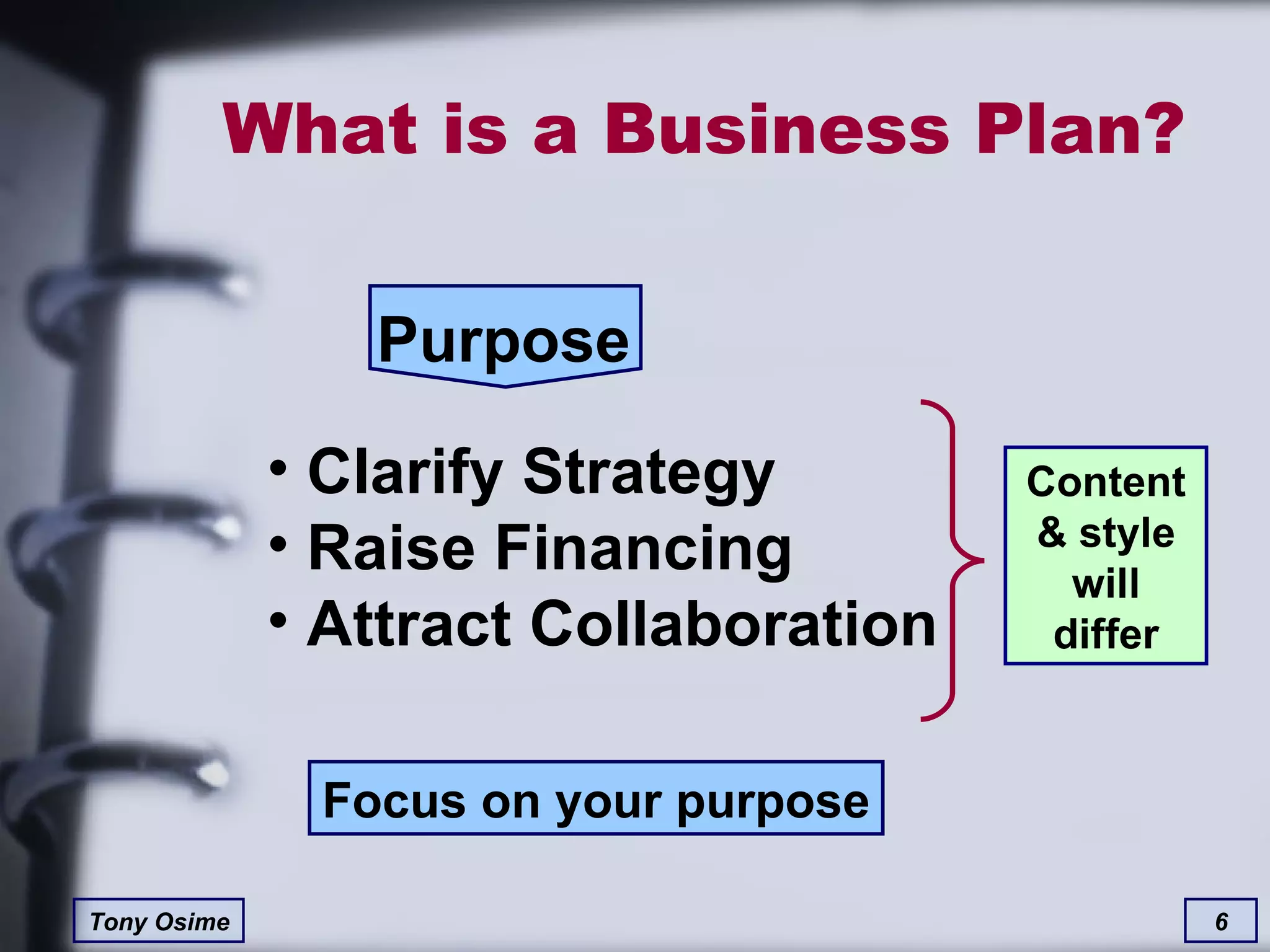 What is a Business Plan? Purpose Clarify Strategy Raise Financing Attract Collaboration Focus on your purpose Content & style will differ 