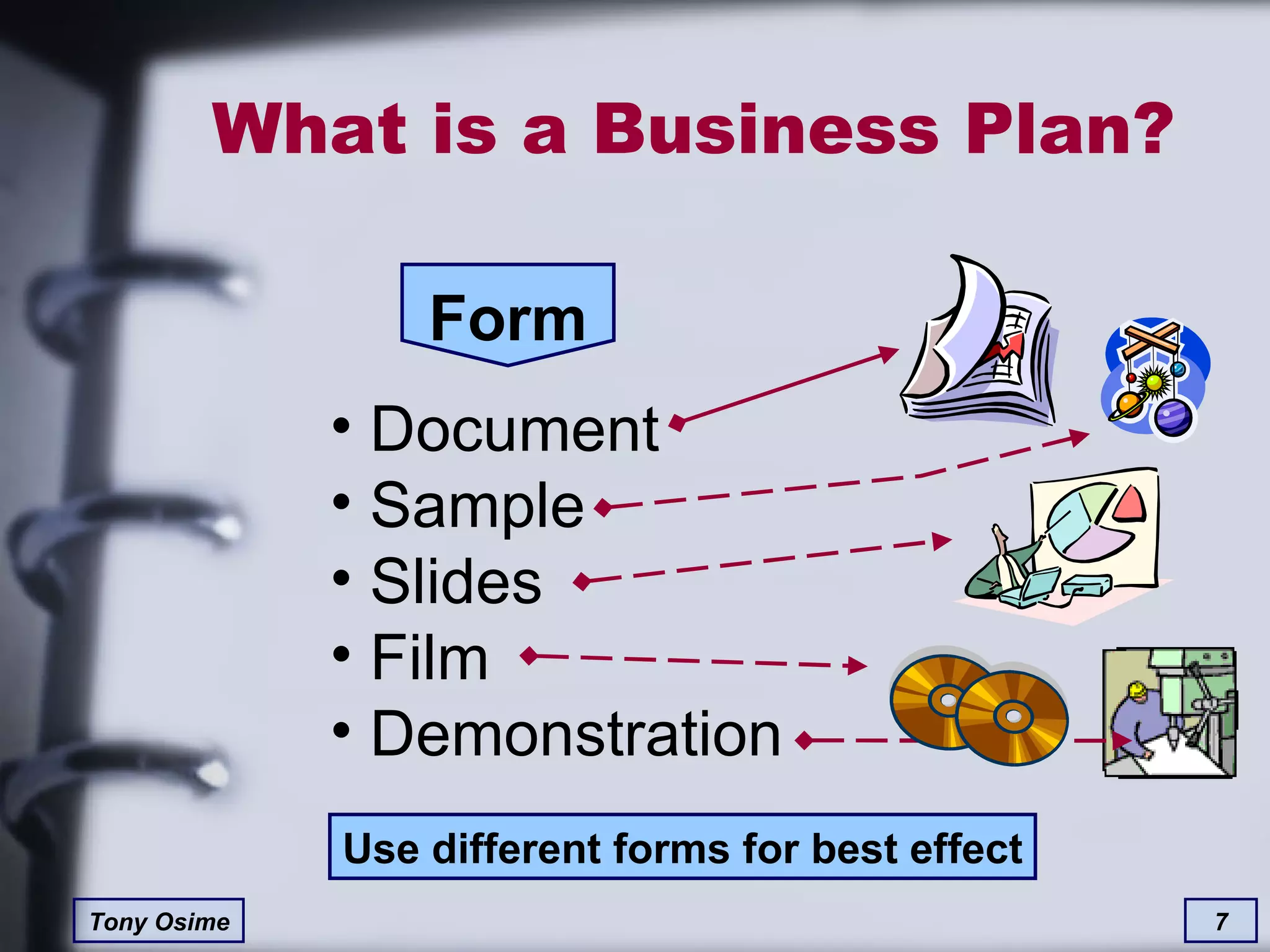What is a Business Plan? Form Document Sample Slides Film Demonstration Use different forms for best effect 