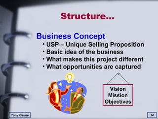 Structure… Business Concept USP – Unique Selling Proposition Basic idea of the business What makes this project different What opportunities are captured Vision Mission Objectives 