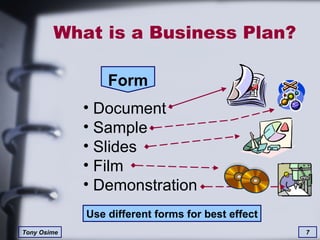 What is a Business Plan? Form Document Sample Slides Film Demonstration Use different forms for best effect 