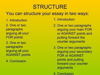 STRUCTURE 
You can structure your essay in two ways: 
1. Introduction 
2. One or two 
paragraphs 
arguing all your 
FOR points 
3. One or two 
paragraphs 
arguing all your 
AGAINST points 
4. Conclusion 
1. Introduction 
2. One or two paragraphs 
arguing your main FOR 
or AGAINST points and 
putting forward the 
counter arguments 
3. One or two paragraphs 
arguing your secondary 
FOR or AGAINST 
points and putting 
forward your counter 
arguments 
4. Conclusion 
 