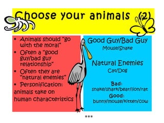 Choose your animals (2)
• Animals should “go
with the moral”
• Often a “good
guy/bad guy
relationship”
• Often they are
“natural enemies”
• Personification:
animals take on
human characteristics
Good Guy/Bad Guy
Mouse/Snake
Natural Enemies
Cat/Dog
Bad:
snake/shark/bear/lion/rat
Good:
bunny/mouse/kitten/cow
***
 