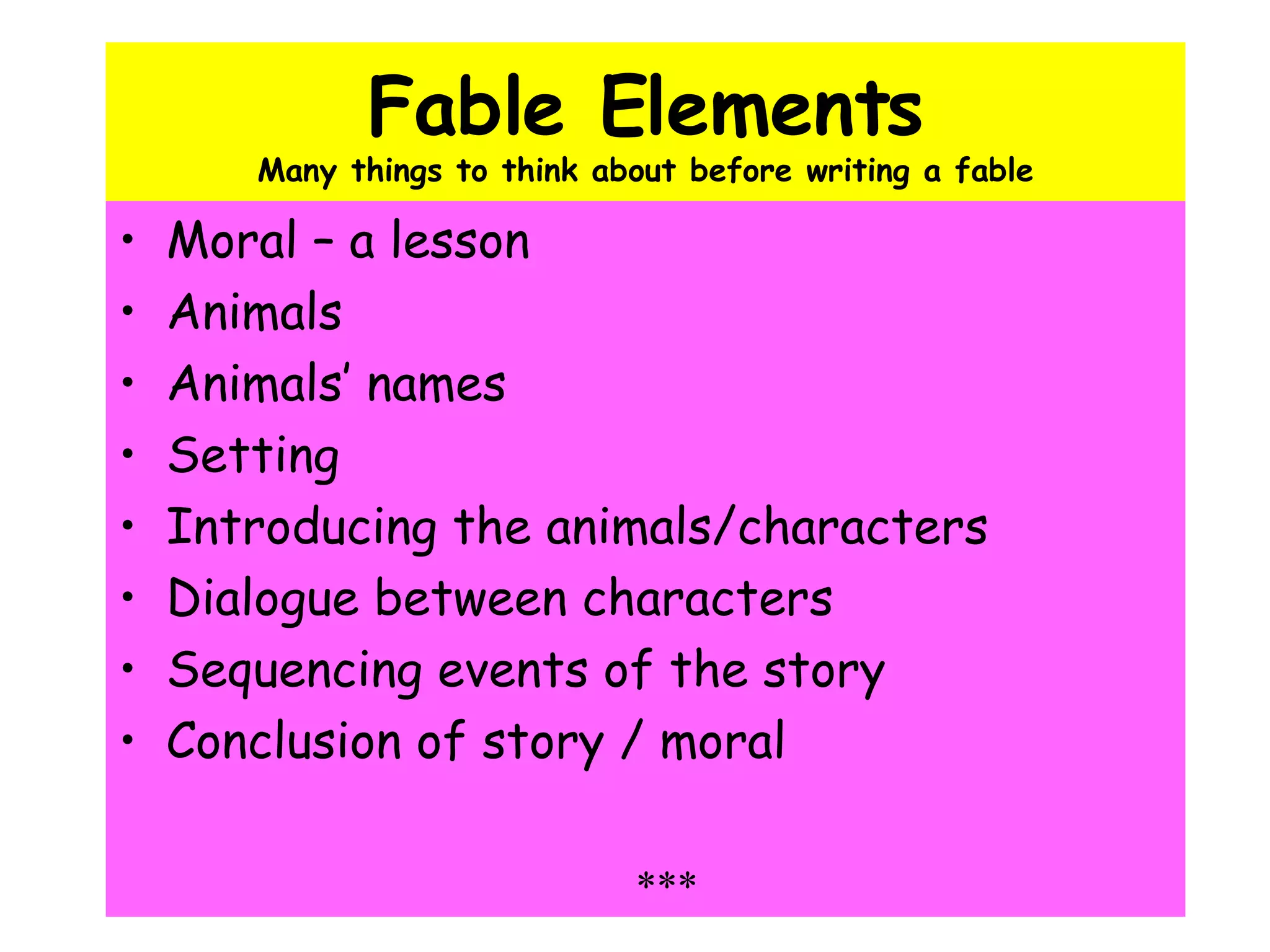 Fable Elements Many things to think about before writing a fable Moral – a lesson Animals Animals’ names Setting Introducing the animals/characters Dialogue between characters Sequencing events of the story Conclusion of story / moral *** 
