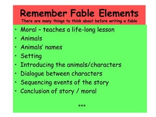 Remember Fable Elements There are many things to think about before writing a fable Moral – teaches a life-long lesson Animals Animals’ names Setting Introducing the animals/characters Dialogue between characters Sequencing events of the story Conclusion of story / moral *** 