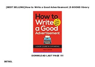 [BEST SELLING]How to Write a Good Advertisement |E-BOOKS library
DONWLOAD LAST PAGE !!!!
DETAIL
UPDATE>This is the Recommended definitive and complete edition: Paperback (ISBN: 9781626549623) and Hardcover (ISBN: 9781626549630)Call it advertising, call it promotion, call it marketing, but whatever you call it, every business and organization depends on words with impact. You need to grab the attention of potential customers, clients, or supporters and call them to action. Few among us are born talented copywriters, that rare combination of both facile wordsmiths and natural salespeople. Most of us need some help, and even naturals can improve by studying the best. Victor O. Schwab was one of the greats. Considered a marketing master during his 44-year career, he was the copywriter who propelled Dale Carnegie's How to Win Friends and Influence People into a mega-seller.How to Write a Good Advertisement, Schwab's classic guide, has stood the test of time. In just over 200 pages, this book clearly explains the core elements of an effective advertisement. Schwab shows us how toGet attention Build credibility Create winning layouts and choose the best ad size Test ad effectiveness Convert inquiries to sales Make special offers that dramatically increase response and salesHow to Write a Good Advertisement gets you quickly up to speed with examples of powerful profitable headlines (with explanations of why those headlines work so well), and quick lesson reviews that help you turn what you've read into skills you own. Schwab provides us shortcuts without sacrificing long-term understanding. Fifty years after publication this book is still the standard bearer, sought after by a new generation of copy-writers and businesspeople. Read it, apply it, and watch your sales soar.
 