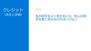 クレジット
（言及と評価）
ウソ
私の研究をよく見せるには、他人の研
究を悪く見せなければいけない
 
