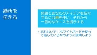 勘所を
伝える
• 忘れないで：ホワイトボードを使っ
て話しているかのように説明しよう
問題とあなたのアイデアを紹介
するには例を使い、それから
一般的なケースを提示する
 