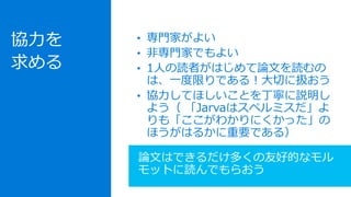 • 専門家がよい
• 非専門家でもよい
• 1人の読者がはじめて論文を読むの
は、一度限りである！大切に扱おう
• 協力してほしいことを丁寧に説明し
よう（ 「Jarvaはスペルミスだ」よ
りも「ここがわかりにくかった」の
ほうがはるかに重要である）
論文はできるだけ多くの友好的なモル
モットに読んでもらおう
協力を
求める
 