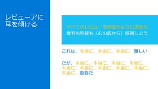 レビューアに
耳を傾ける
これは、本当に、本当に、本当に、難しい
だが、本当に、本当に、本当に、本当に、
本当に、本当に、本当に、本当に、本当に、
本当に、重要だ
すべてのレビューを砂金のように扱おう
批判も称賛も（心の底から）感謝しよう
 