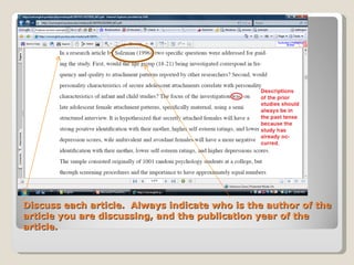 Discuss each article.  Always indicate who is the author of the article you are discussing, and the publication year of the article. 