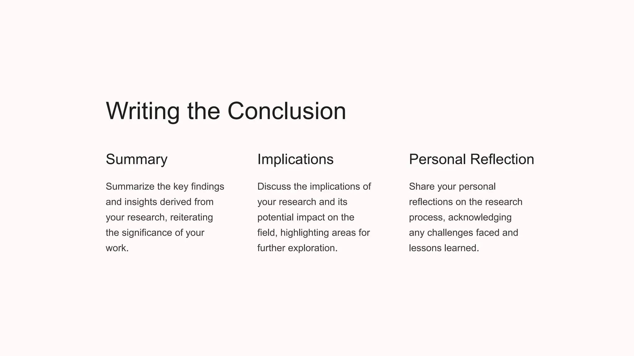 Writing the Conclusion
Summary
Summarize the key findings
and insights derived from
your research, reiterating
the significance of your
work.
Implications
Discuss the implications of
your research and its
potential impact on the
field, highlighting areas for
further exploration.
Personal Reflection
Share your personal
reflections on the research
process, acknowledging
any challenges faced and
lessons learned.
 
