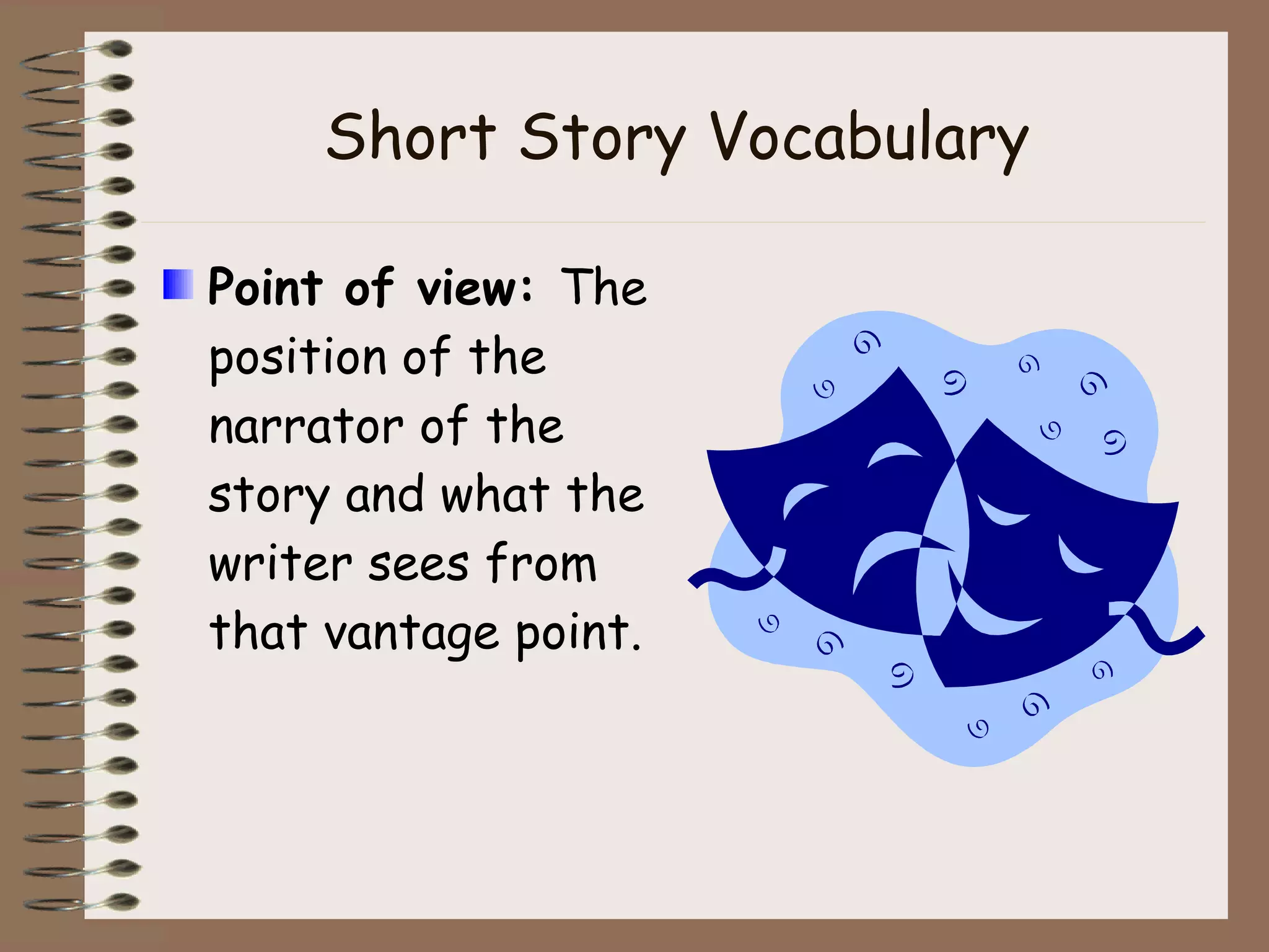 Short Story Vocabulary Point of view:  The position of the narrator of the story and what the writer sees from that vantage point. 