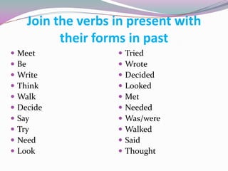 Join the verbs in present with
            their forms in past
   Meet                Tried
   Be                  Wrote
   Write               Decided
   Think               Looked
   Walk                Met
   Decide              Needed
   Say                 Was/were
   Try                 Walked
   Need                Said
   Look                Thought
 