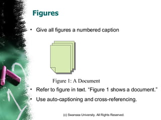 Figures Give all figures a numbered caption Refer to figure in text. “Figure 1 shows a document.” Use auto-captioning and cross-referencing. Figure 1: A Document 