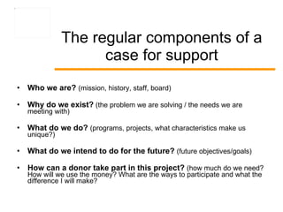 The regular components of a case for support ,[object Object],[object Object],[object Object],[object Object],[object Object]