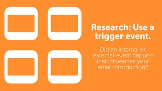Research: Use a 
trigger event. 
Did an internal or 
external event happen 
that influences your 
email introduction? 
 