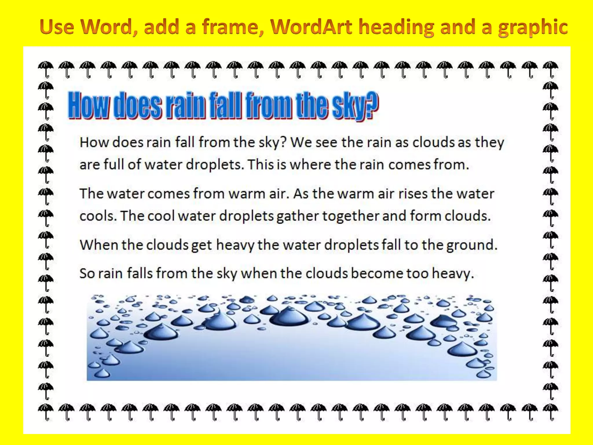 Write a title Write an introductionWrite a question or a brief descriptionUse second or third personUse present tenseUse technical languageHow does rain fallHow does rain fall from the sky? Rain falls from clouds that are made of tiny droplets of water.Introduction
