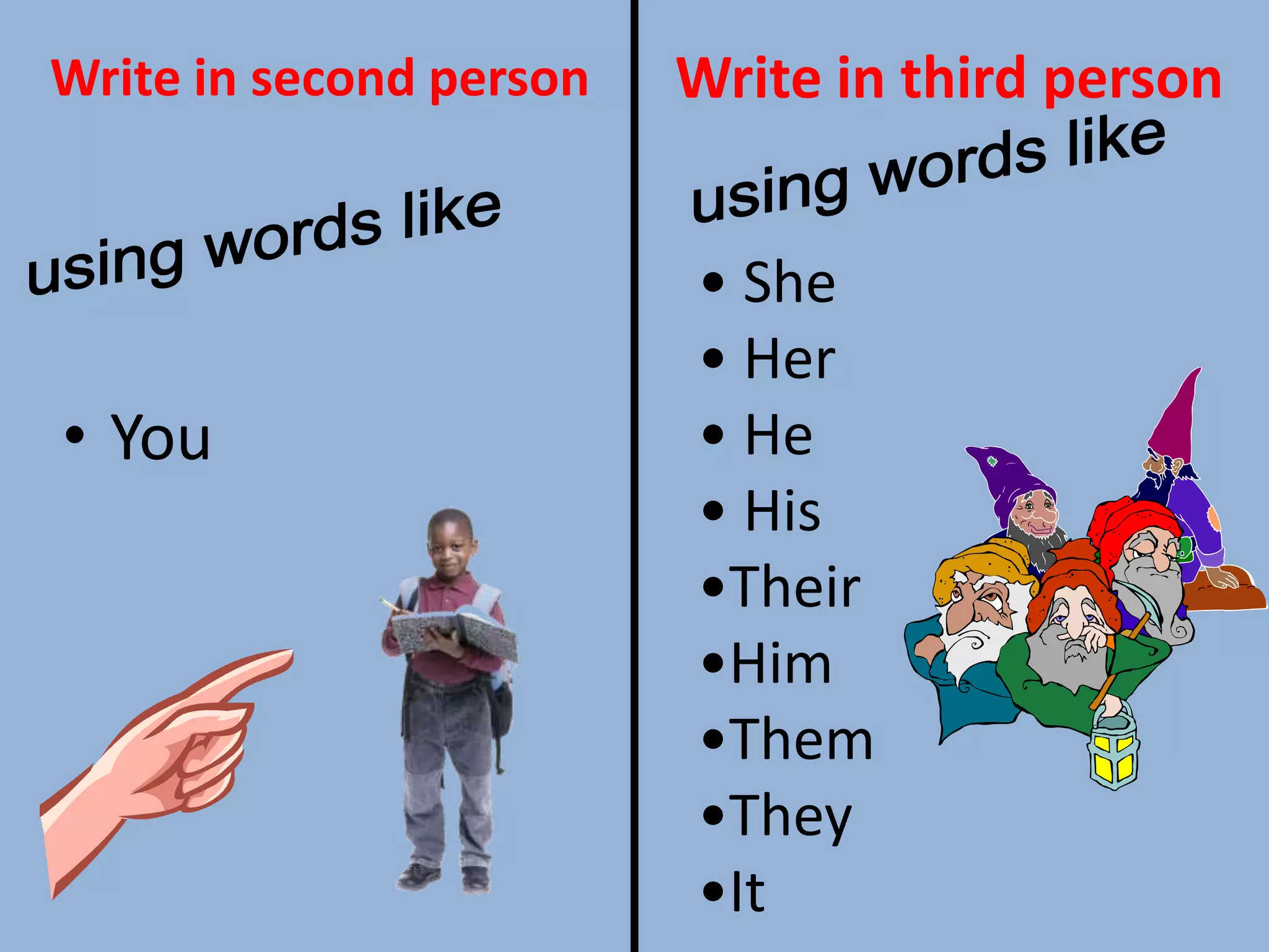 Write in second person
• You
Write in third person
• She
• Her
• He
• His
•Their
•Him
•Them
•They
•It
 