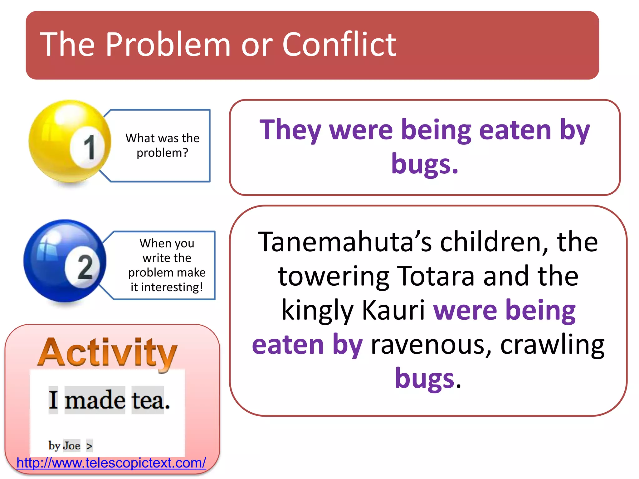 The Problem or Conflict
What was the
problem?
When you
write the
problem make
it interesting!
They were being eaten by
bugs.
Tanemahuta’s children, the
towering Totara and the
kingly Kauri were being
eaten by ravenous, crawling
bugs.
http://www.telescopictext.com/
 