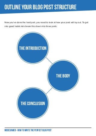 MODEDAWEB - HOW TO WRITE THE PERFECT BLOG POST
OUTLINE YOUR BLOG POST STRUCTURE
Now you’ve done the hard part, you need to look at how your post will lay out. To get
into good habits lets break this down into three parts:
The Introduction
The body
The conclusion
 