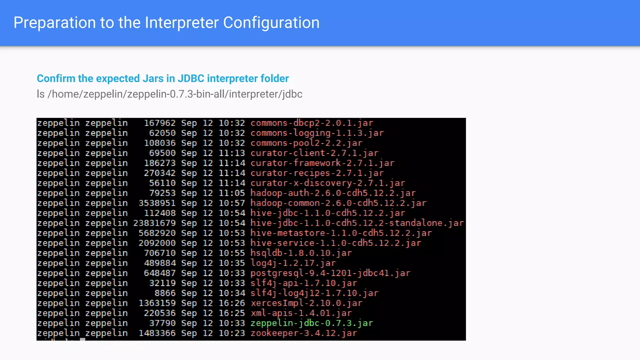 Preparation to the Interpreter Configuration
Confirm the expected Jars in JDBC interpreter folder
ls /home/zeppelin/zeppelin-0.7.3-bin-all/interpreter/jdbc
 