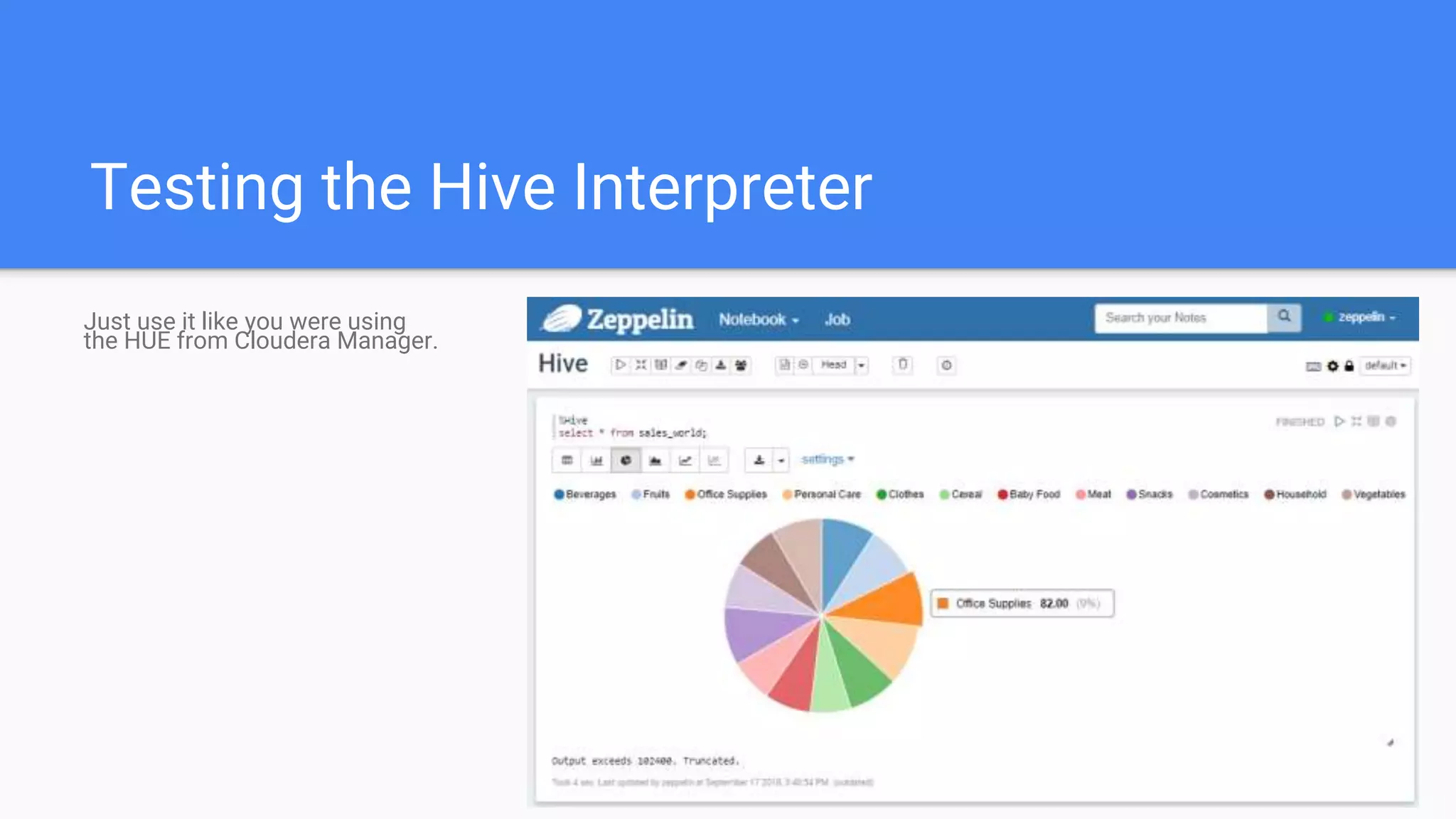 Testing the Hive Interpreter
Just use it like you were using
the HUE from Cloudera Manager.
 