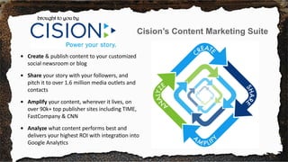 Cision’s Content Marketing Suite
brought to you by
•	 Create & publish content to your customized
social newsroom or blog
...