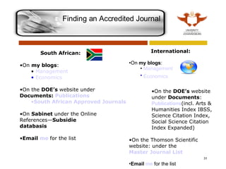 Finding an Accredited Journal  South African:  On  my blogs : Management   Economics   On the  DOE’s  website under  Documents:  Publications  South African Approved Journals On  Sabinet  under the Online References— Subsidie databasis Email  me  for the list International: On  my blogs : Management   Economics   On the  DOE’s  website under  Documents :  Publications (incl. Arts & Humanities Index IBSS, Science Citation Index, Social Science Citation Index Expanded) On the Thomson Scientific website: under the  Master Journal List Email  me  for the list 